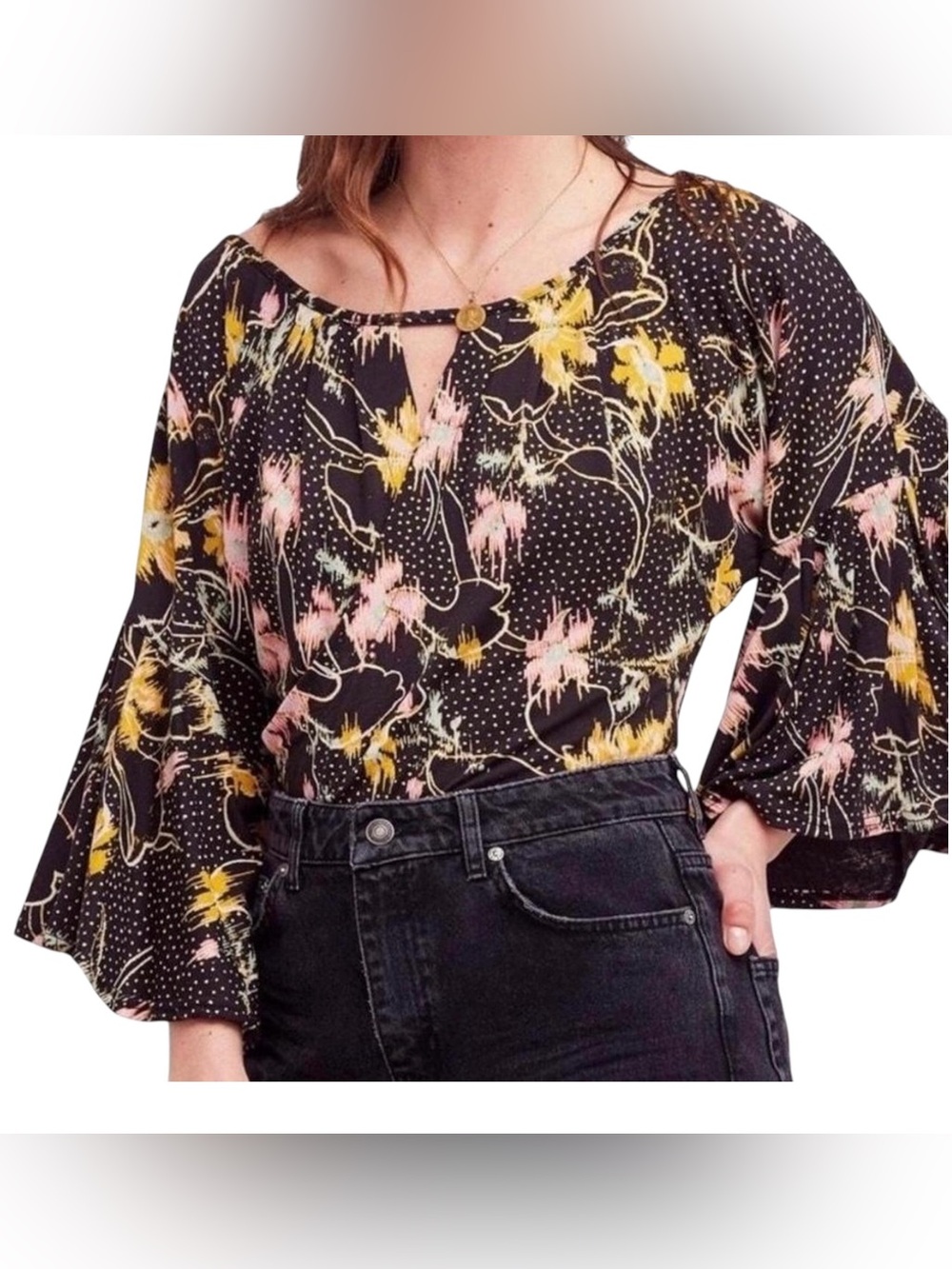Free People Black Floral Keyhole Flowy Blouse Pink & Yellow Accents Size XS